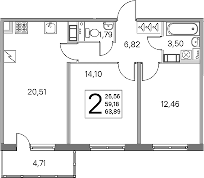 2-комнатная квартира 59.18 м², 3/5 эт., ЖК «ЮгТаун. Олимпийские кварталы»